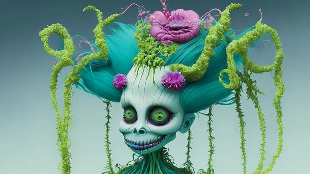 Partially skeletonized troll doll in ceremonial dress for getting married with plants growing from the top of her head; Alex Pardee; surrealism