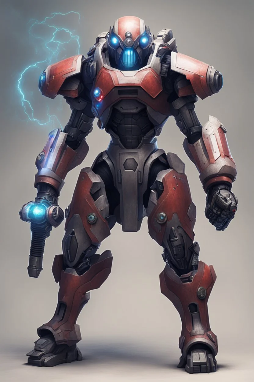 futuristic juggernaut with dual plasma battle axe and 4 plasma canon in the back