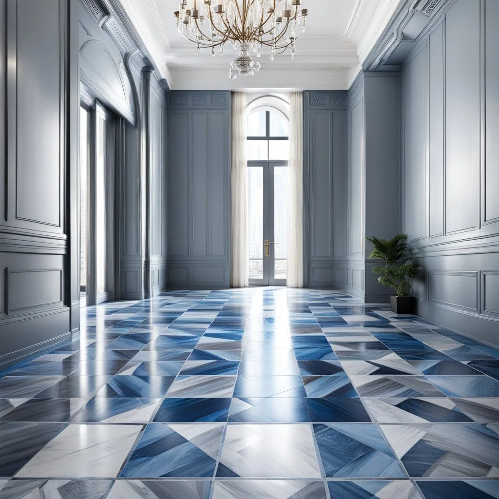 luxury hall ,tiled blue and gray large floor,