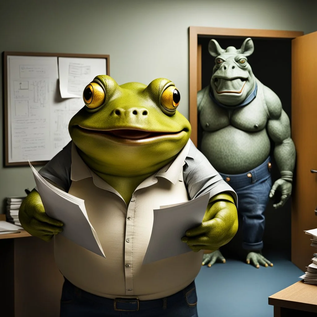 close up photo of a fat yellow-green color angry anthropomorphic frog in simple human cloths and take between his hands many paper in office, on the wall hang an wall board with some written sheets of paper, behind in background standing an anthropomorphic strong gray rhinoceros in blue jeans t-shirt behind in halb open door , dark colors, detailed 3d, sci-fi, fantasy mood