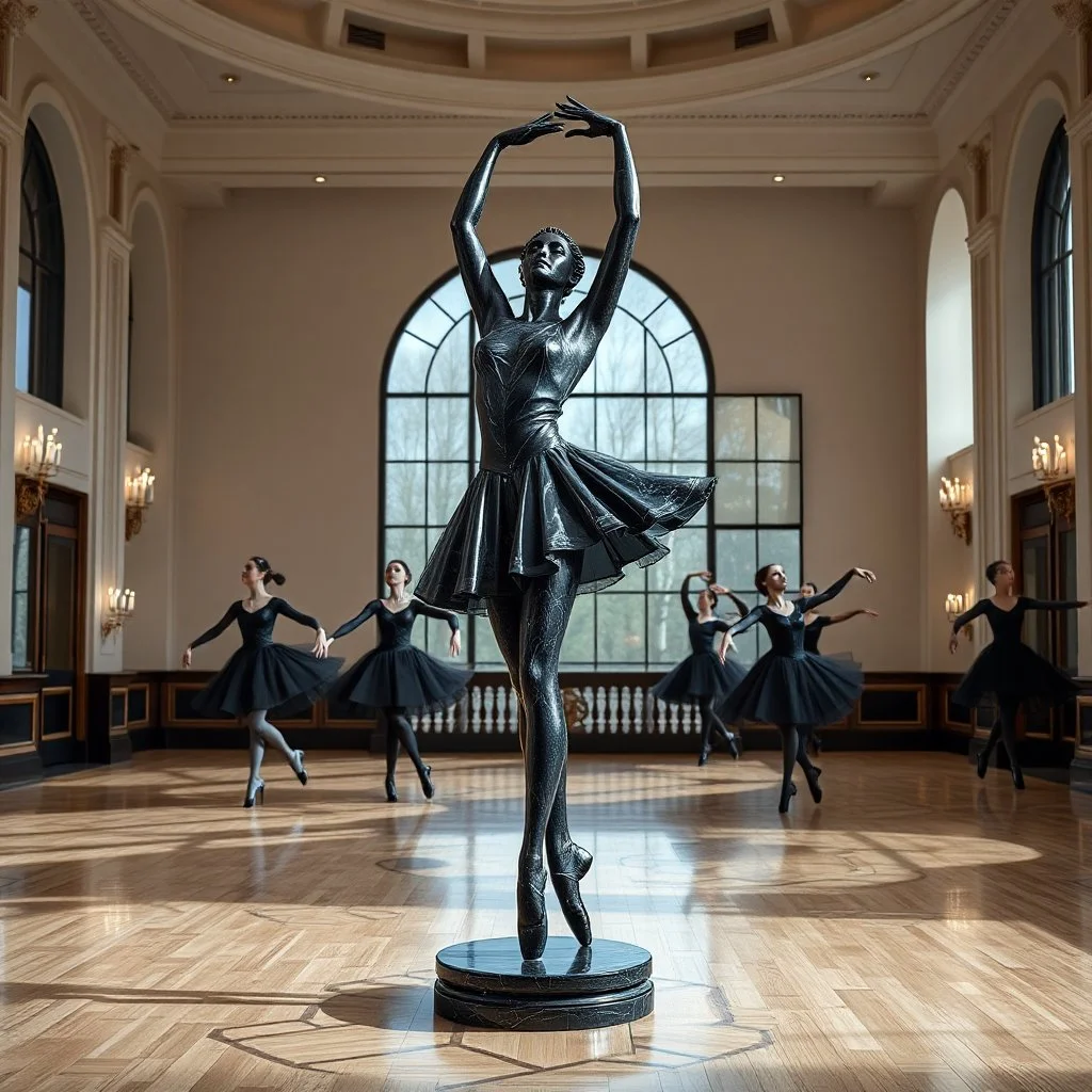 photo of a statue of ballerina made of black marbel in a modern ballroom with some exersising ballerinas