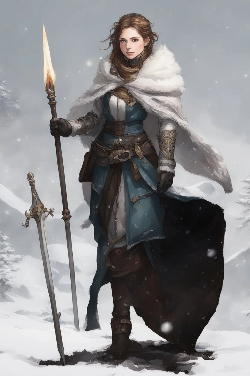 A female cleric dressed for the winter, with brown hair. Snowy background