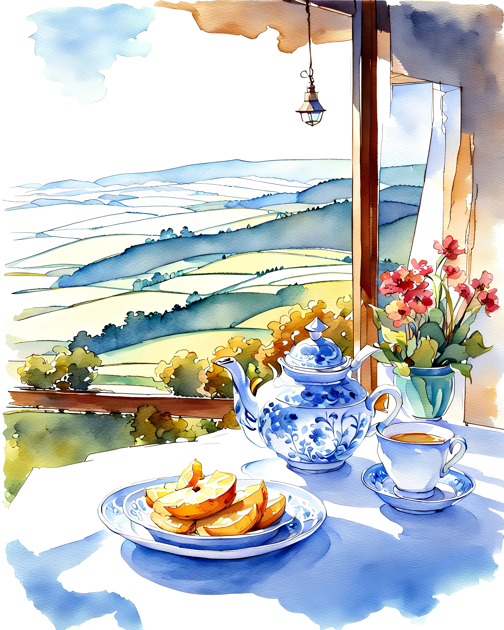 tea plantain hills, beautiful view, morning light, watercolor painting , pen line sketch and watercolor painting ,Inspired by the works of Daniel F. Gerhartz, with a fine art aesthetic and a highly detailed, realistic style