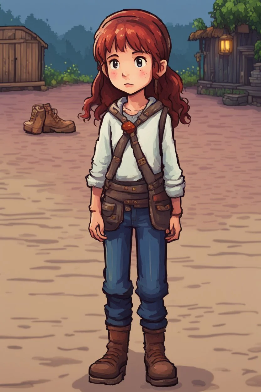 a young beggar girl who is ready to betray a man for money, stardew, valley style