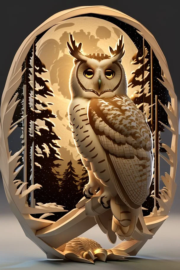 A captivating and mesmerizing 3D render of a striking minimalist silhouette of an owl, transformed into a nighttime scene. The owl's body is filled with a warm golden hue, representing a starlit sky and a radiant full moon. The center features a delicate, flying bird, symbolizing the owl's spirit. Beneath the owl, a serene landscape of pine trees and a resting owl unfolds, creating a sense of tranquility and harmony with nature. This enchanting illustration masterfully blends elements of wildlif