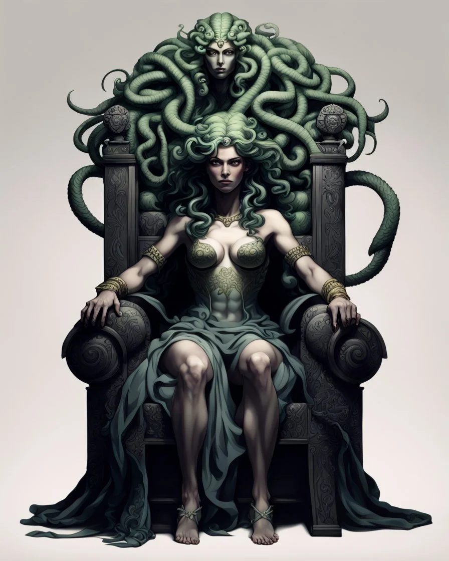 full-length, detailed persona, sword in hand, gorgon medusa, sitting on a throne in a relaxed pose