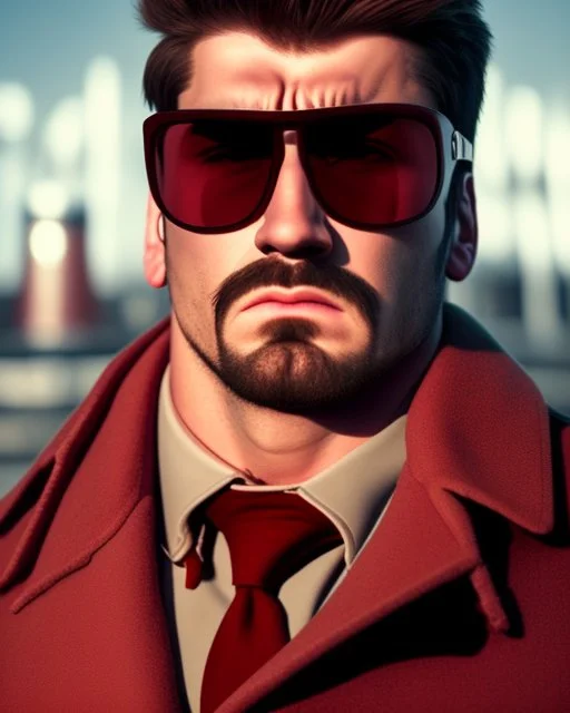 a young man with big muscles who looks like hans gruber wearing a heavy coat and red sunglasses staring with an irritated look on his face