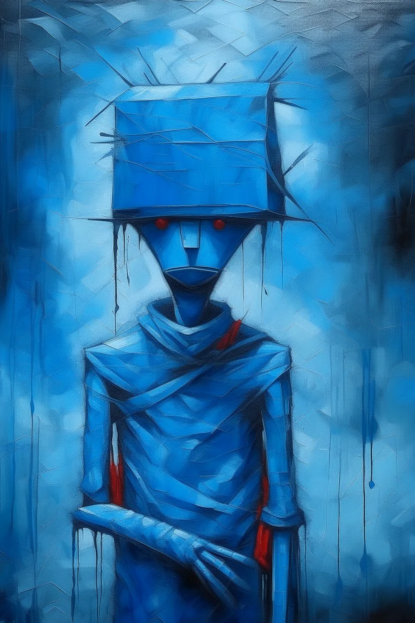 A strange and gloomy stick man with a blue plastic bag on his head. Surrealism, figurative painting with elements of the Bauhaus style. Intense textures.