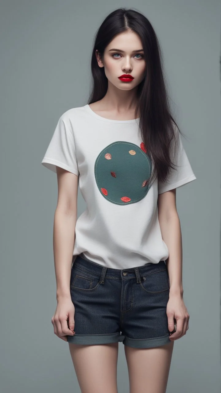 generate a full-length girl with gray-green sad eyes, with dark hair above the shoulders, a round face, not very plump lips, in a black T-shirt with a red print, short shorts, blue socks