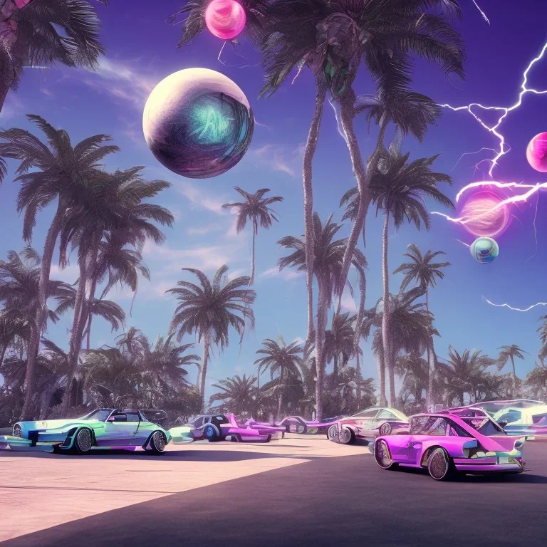 1980's aesthetic vaporwave palm trees and spheres and Porsche with lightning