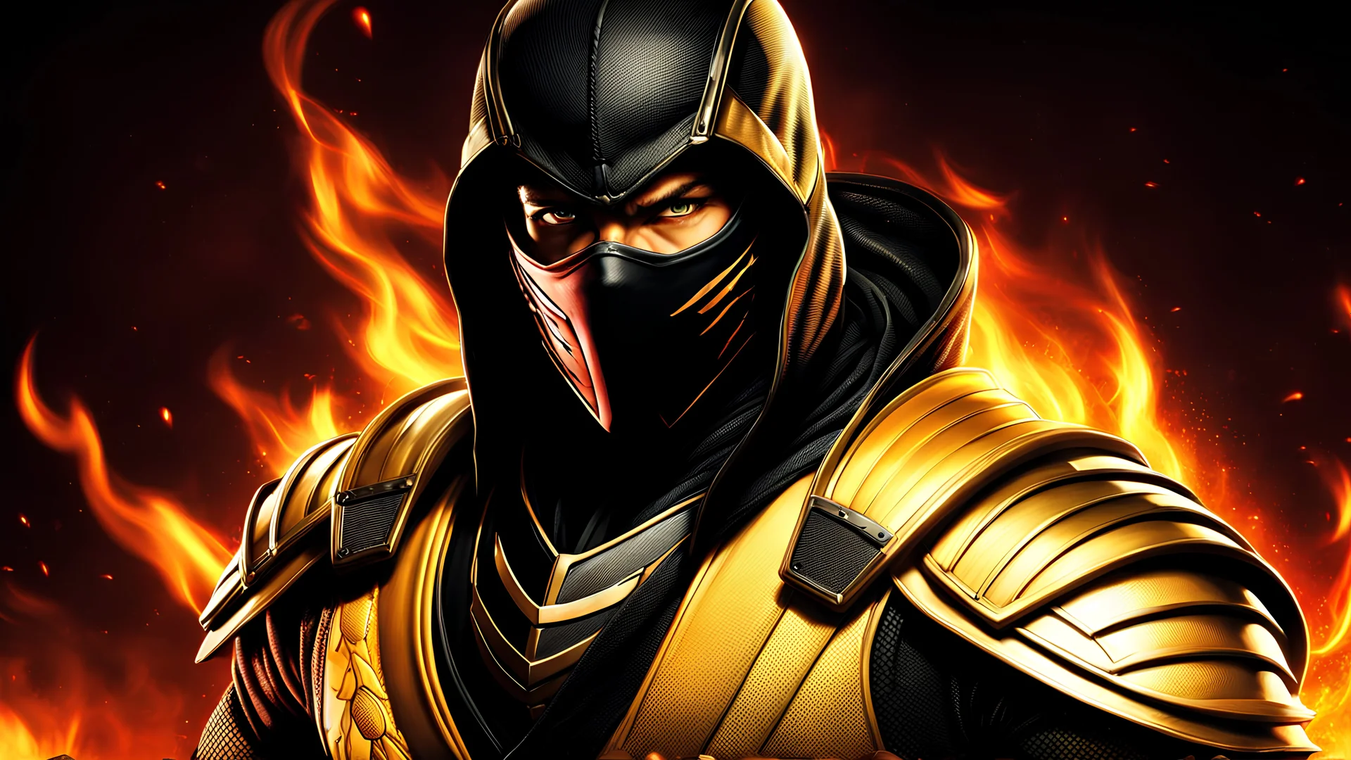 portrait of Scorpion from Mortal Kombat, 4k resolution, anime line art, with clear lines, no shadows, on a fire background suitable for Scorpion, fully colored with stunning colors