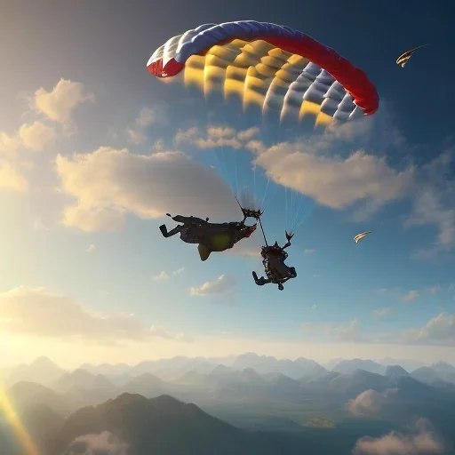 a skydiver flying over aerial landscape, beautiful sky, sunlight, 8k resolution, high-quality, fine-detail, iridescent, intricate, digital art, detailed matte, volumetric lighting, illustration, 3D octane render, brian froud, howard lyon, selina french, anna dittmann, annie stokes, lisa parker, greg rutowski, George Grie, Ben Goossens, Igor Morski