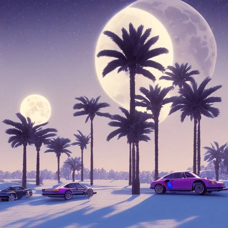 1980's aesthetic artwork vaporwave palm trees with lighting with moon with porsche in the winter snow