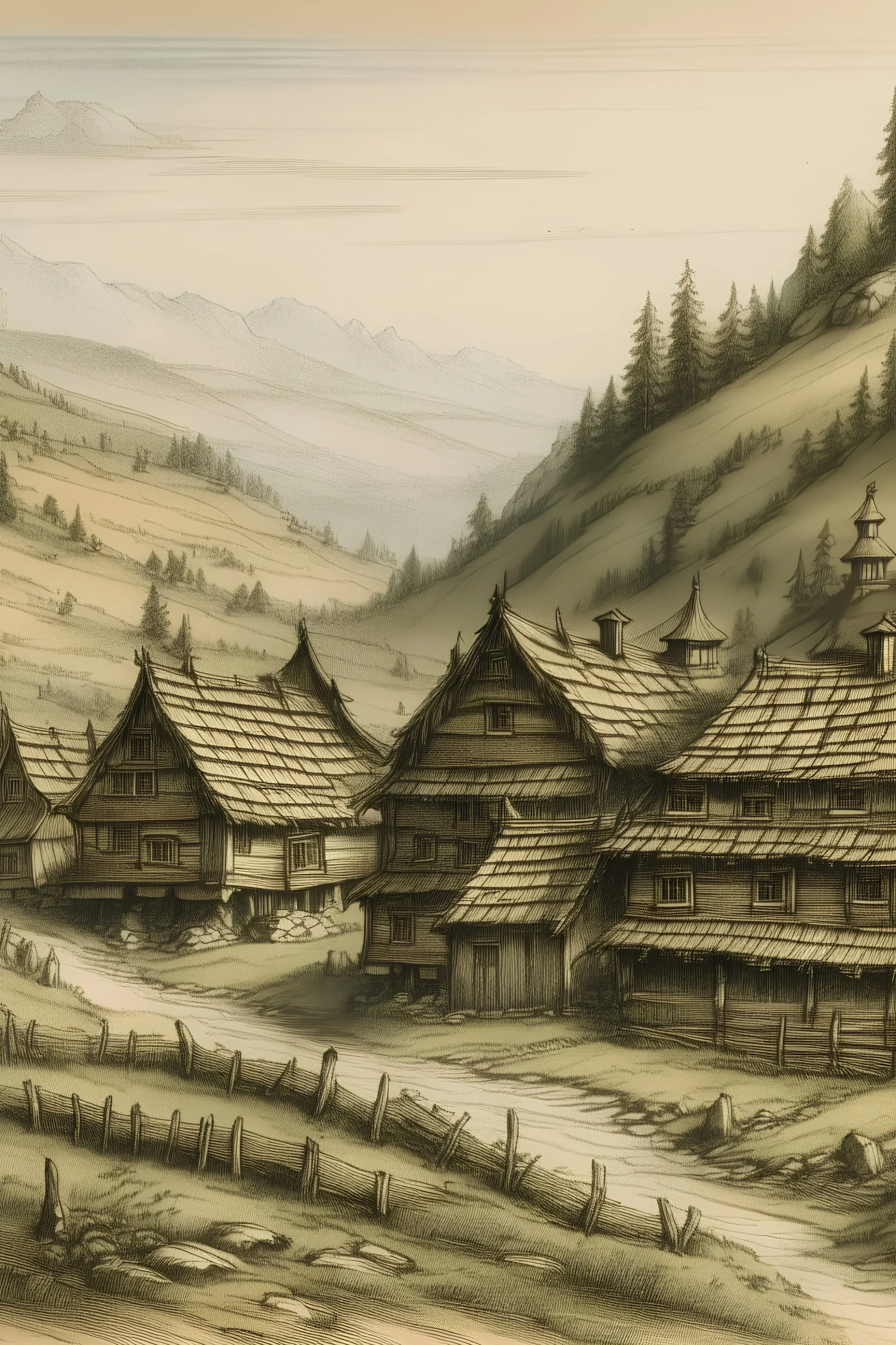 sketch of a old wooden village under the mountains, slovakia in year 1800