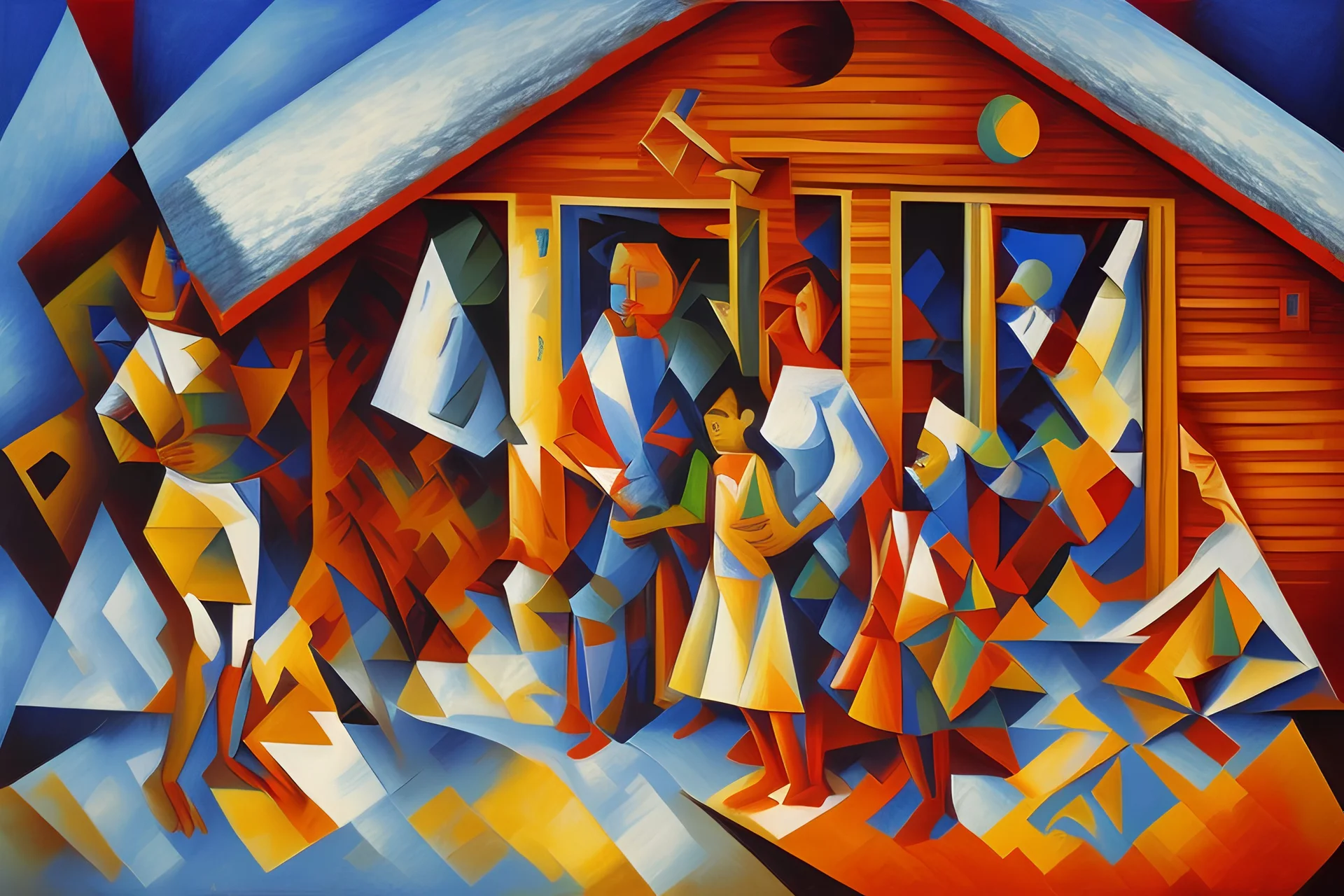 Cubism pablo picasso style, family outside of winter cabin, oil painting,cubism