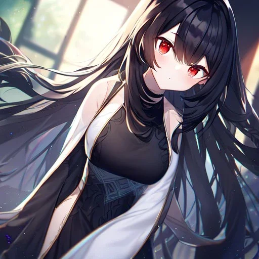 Clear focus, high resolution, black long fluffy hair, red eyes, wearing a cute outfit