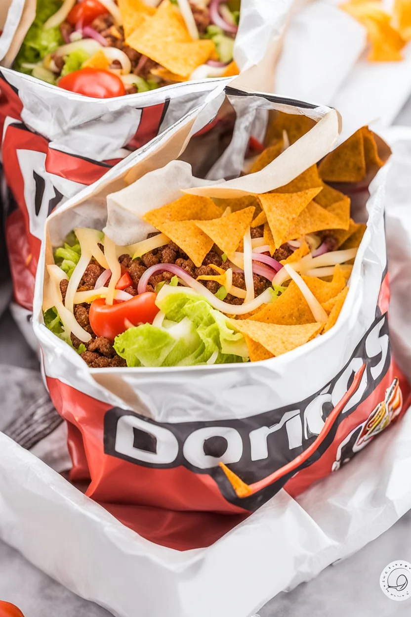 "Taco in a Bag" which consists of an open Doritos chip bag with sides rolled down, containing Doritos chips and cooked ground beef and lettuce and shredded cheese and chopped tomato pepper and onions and topped with more nacho chips, food blogger photography