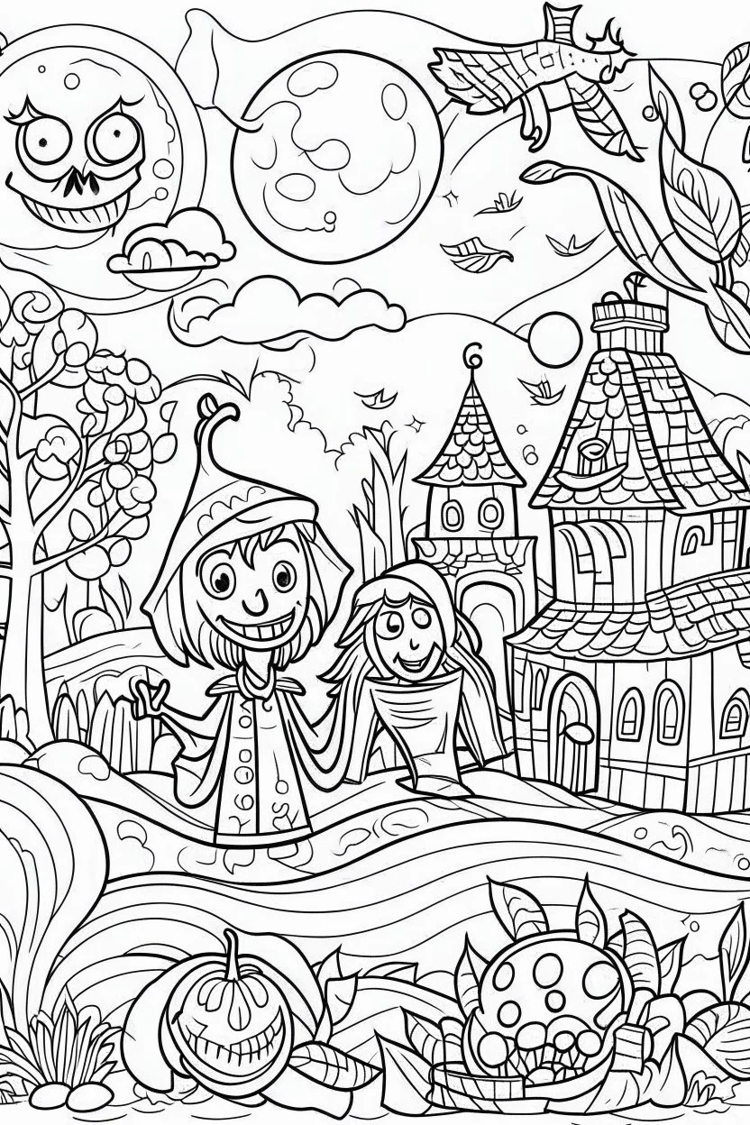 "Get ready for a spooky Halloween party with this unique coloring page illustration for kids! Featuring bold lines and highlighted ink, this sketch art will bring your imagination to life."