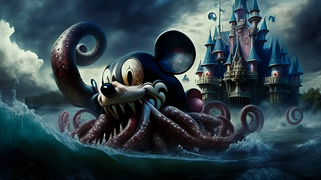 kraken octopus mickey mouse hybrid, photorealism, horror, evil, hungry, high resolution, attacking the happiest place on earth