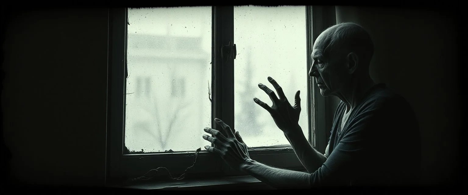 Style: gritty pin hole cam, mixed with Zdzisław Beksiński surrealism and Caravaggio chiaroscuro, tactile analog imperfections, muted tones, deep natural shadows, eerie realism, pinhole-camera softness, heavy vignetting, rugged irregular photographic border. Scene: a pale sickly vampire quietly cleaning a window in an old apartment, completely calm and domestic. Extremely detailed rough skin, dry porous texture, wrinkles, tiny flakes, visible veins, uneven natural imperfections