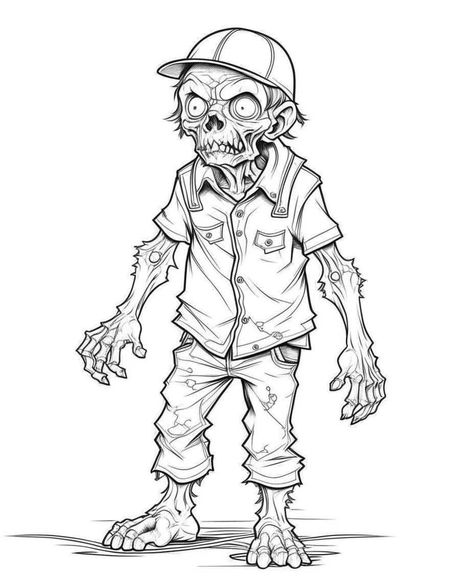 real little zombiet, coloring image , full body (((((white background))))), only use an outline., real style, line art, white color, clean line art, white background, Sketch style