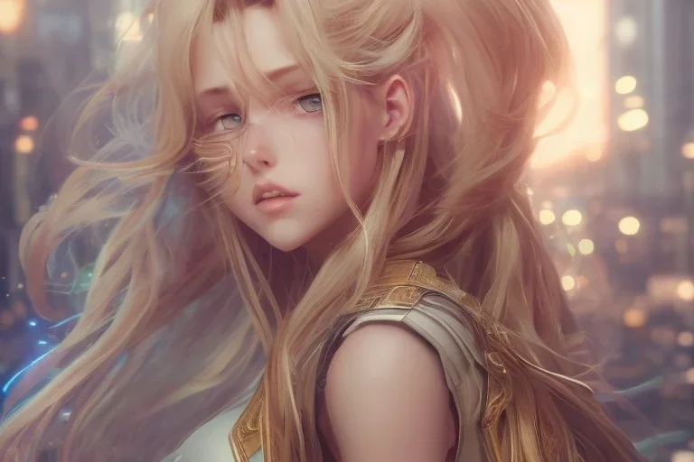 a very beautiful anime girl, full body, long golden hair, sky blue eyes, full round face, short smile, mini jeans skirt, cute top, urban setting, cinematic lighting, medium shot, mid-shot, highly detailed, trending on Artstation, Unreal Engine 4k, cinematic wallpaper by Stanley Artgerm Lau, WLOP, Rossdraws, James Jean, Andrei Riabovitchev, Marc Simonetti, and Sakimichan