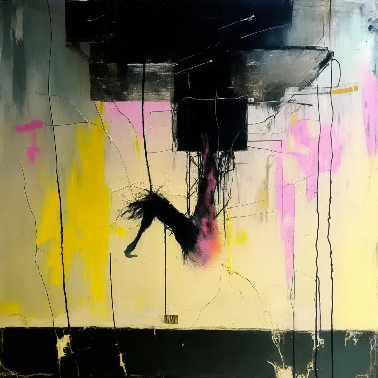 Minimal abstract oil painting of a falling person limbs sinew. Amongst concrete fragments brutalist architecture and hanging wires illuminated at night. In the style of Justin Mortimer and Phil Hale and Ashley Wood