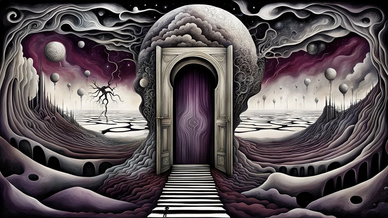 painted inner world with uncontrolled mind and neurodivergens soul, floating doors on sky, over surreal cracked weird empty land . no buildings, neverending stairs,. deep dark purple, gray, black, white, brown, malachit, cream color. Whimsical style of Redmer Hoekstra, of Anna Dittman. No people in picture, weird absurd beauty nightmare, black rawen, in background fade neuron network-web, surreal vibe, no humans
