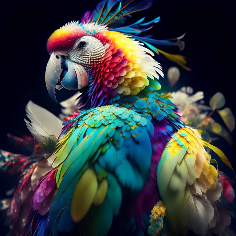 Parrot portrait, Beautiful and pretty By Mandy Disher, full body, all angles, fantastical otherworldly, white flowers, vibrant colors, red, blue, yellow, purple, green, intricate infinite fractal micro synapses diamond feathers, intricate details, Ismail Inceoglu, bokeh,