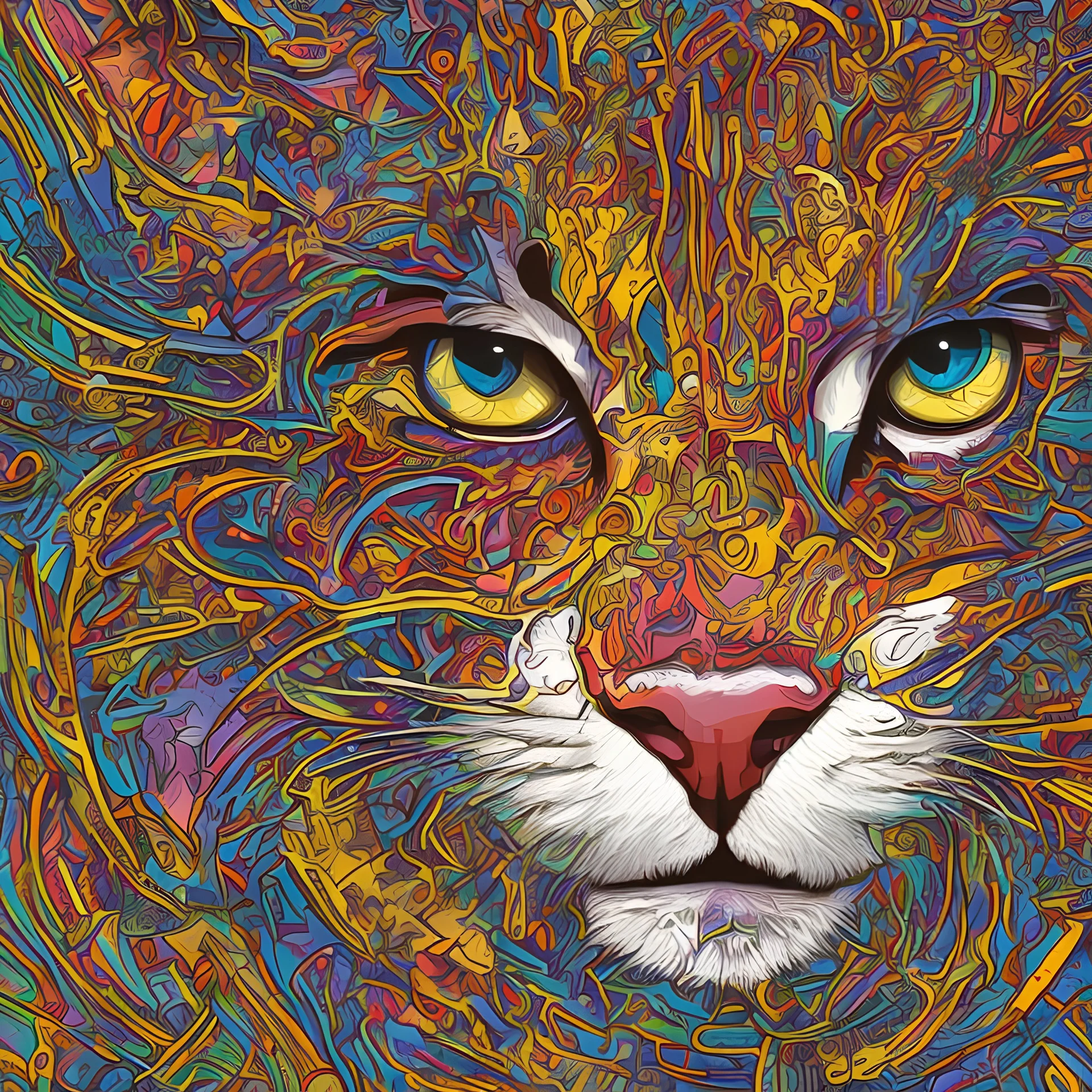 A cat's face vibrant colors, cartoon, vector art, abstract