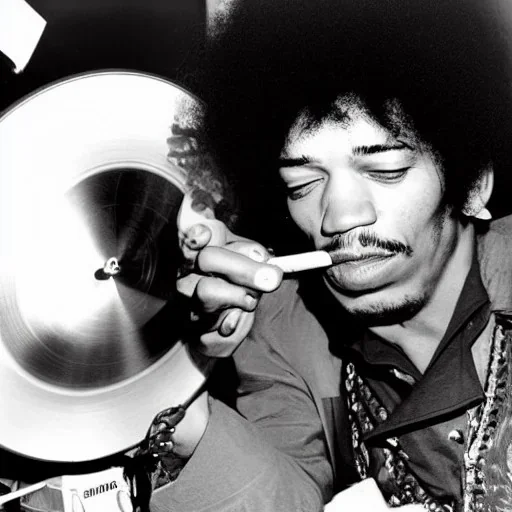 Jimi Hendrix at a turntable with headphones on being a DJ, cigarette in mouth