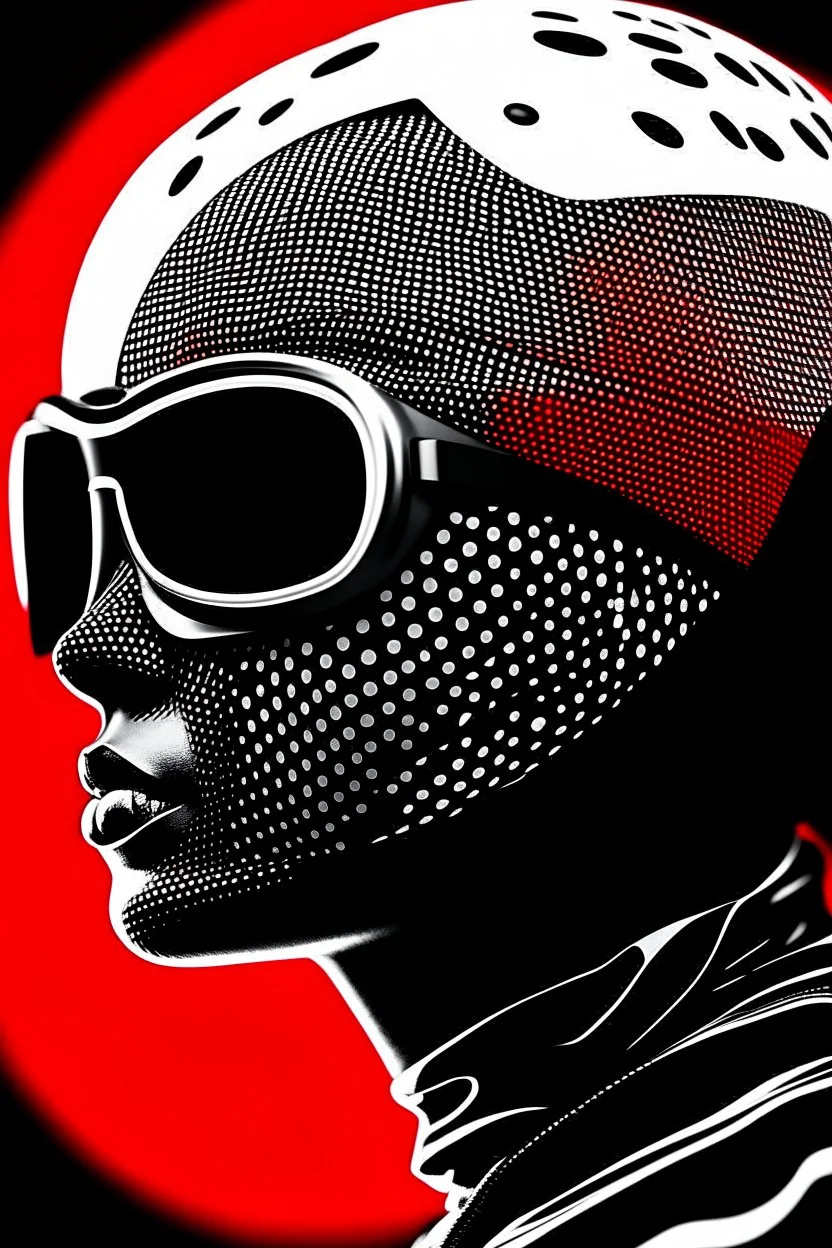 woman with red paint on full face, black round sunglasses, black and white swimming cap on head, black turtleneck, side view by joe scott , afrofuturism, futuristic, pop art, geometric, bizarre, surreal