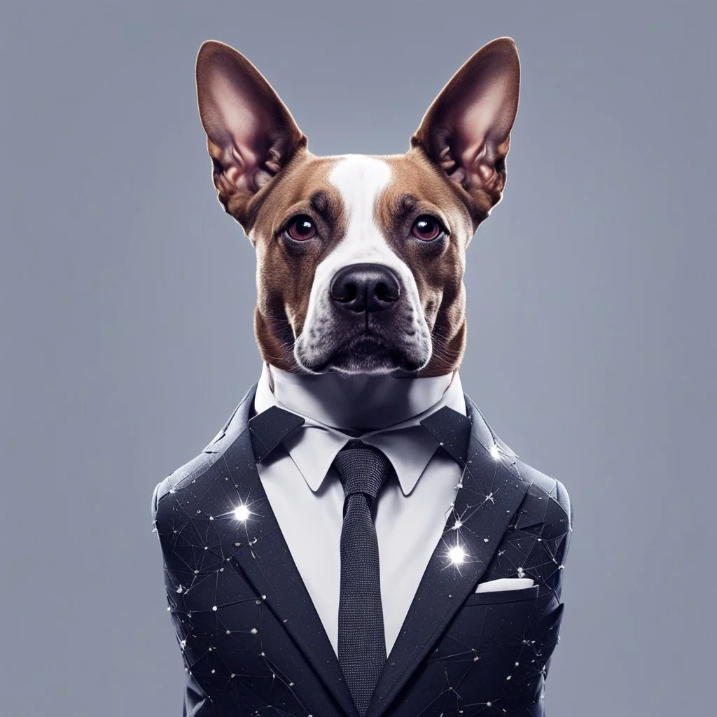 make one realistic business dog that is made of shapes and has a suit on looks a little like crystals lowest 2048 x 1152 pixels and highest 6 MB need to be a alpha