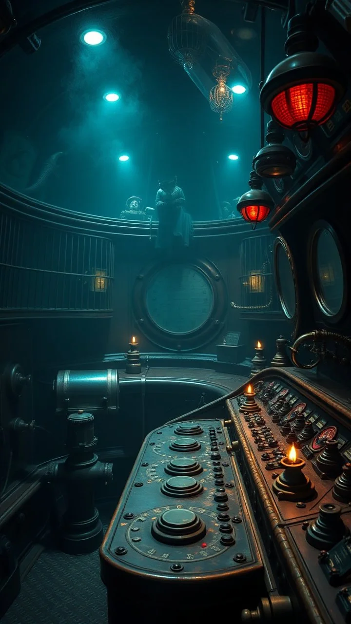 Captain Nemo dark submarine , inside the submarine room that is filled with cages and buttons and valve on the control dashboard paint it in the baroque style,