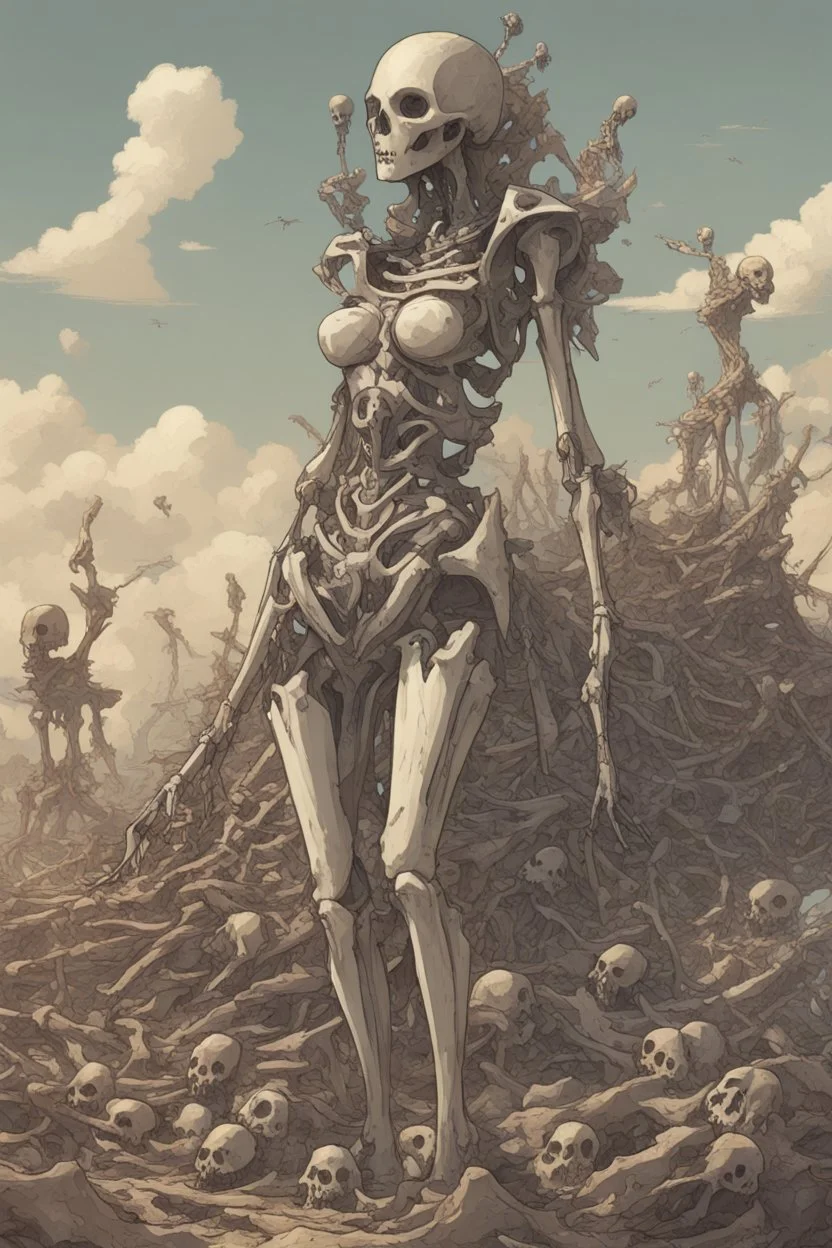 a bone yard with a tall android woman standing at the top of a pile of bones