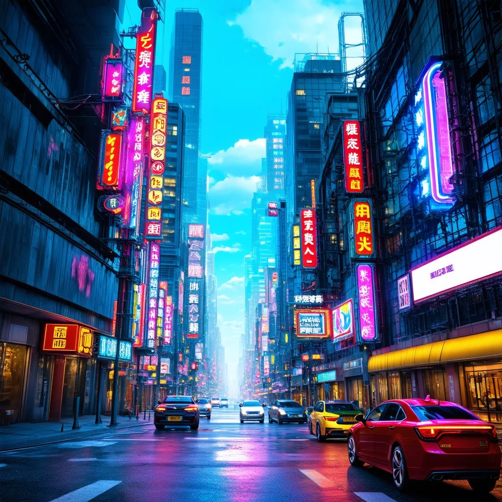 Time lapse photograph of Neon signs lighting up a busy futuristic city, deep neon colors, fantastical, intricate detail, splash screen, fantasy concept art, 8k resolution trending on Midjourney, Unreal Engine 5, artistic