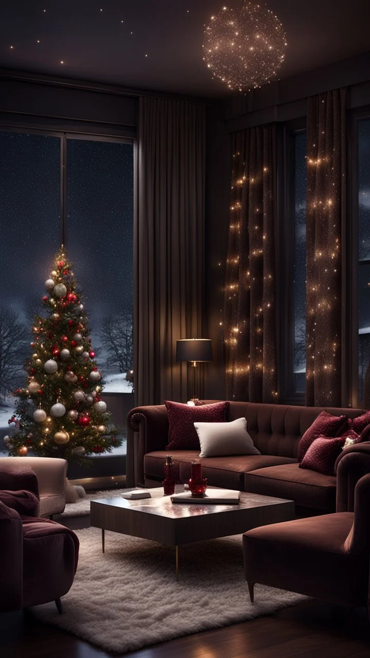 Hyper Realistic Dark Brown Living Room With Fancy Velvet Furniture & Christmas Decoration at snowfall night from window view