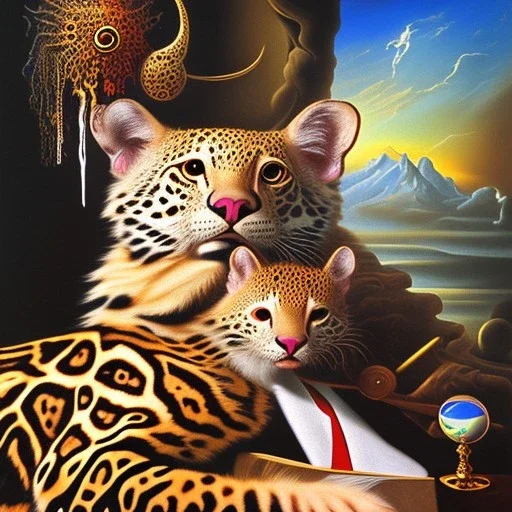 Salvador Dali with his pet ocelot Babou , hypperealism , surrealism , outlandish painting , extreme painting , high definition , high detailed, vivid deep colours, complex ,oil on canvas ,16k, focus, close up, fantasy view , a masterpiece by Salvador Dali himself