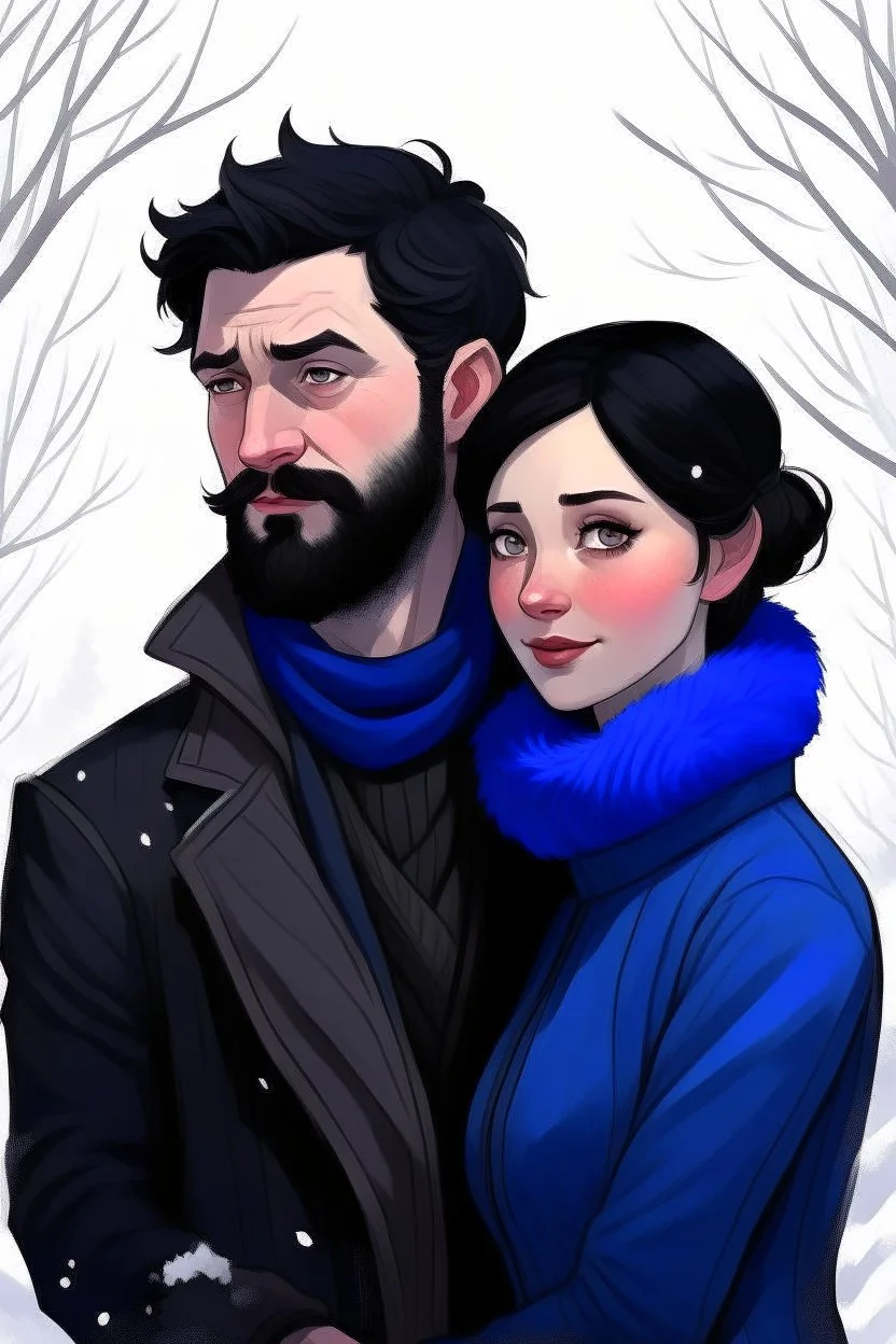 Winter nature scene, dark haired couple, man with short black beard, blue eyes, sketch
