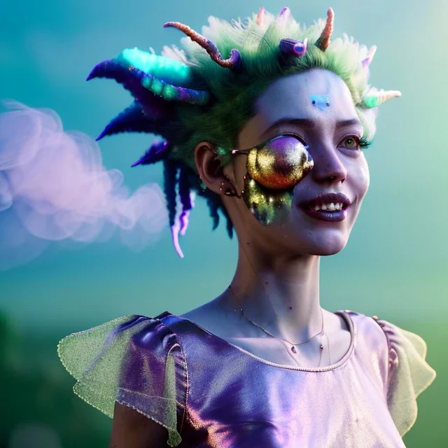 Ultra Realistic photo, medium shot view, drunken sweet dancer irish woman, carnival scene, monster hair, steampunk style. Green hair, confeti, smile, happy, festival, ovnis, gradient color fog. highly detailed, concept art, unreal engine 5, ray tracing, RTX, lumen lighting, ultra detail, volumetric lighting, 3d, finely drawn, high definition, high resolution.