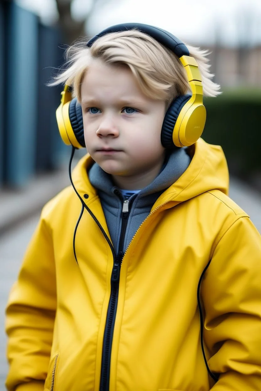 Fat Finnish boy in a yellow jacket with the edgar hairstyle and headphones on