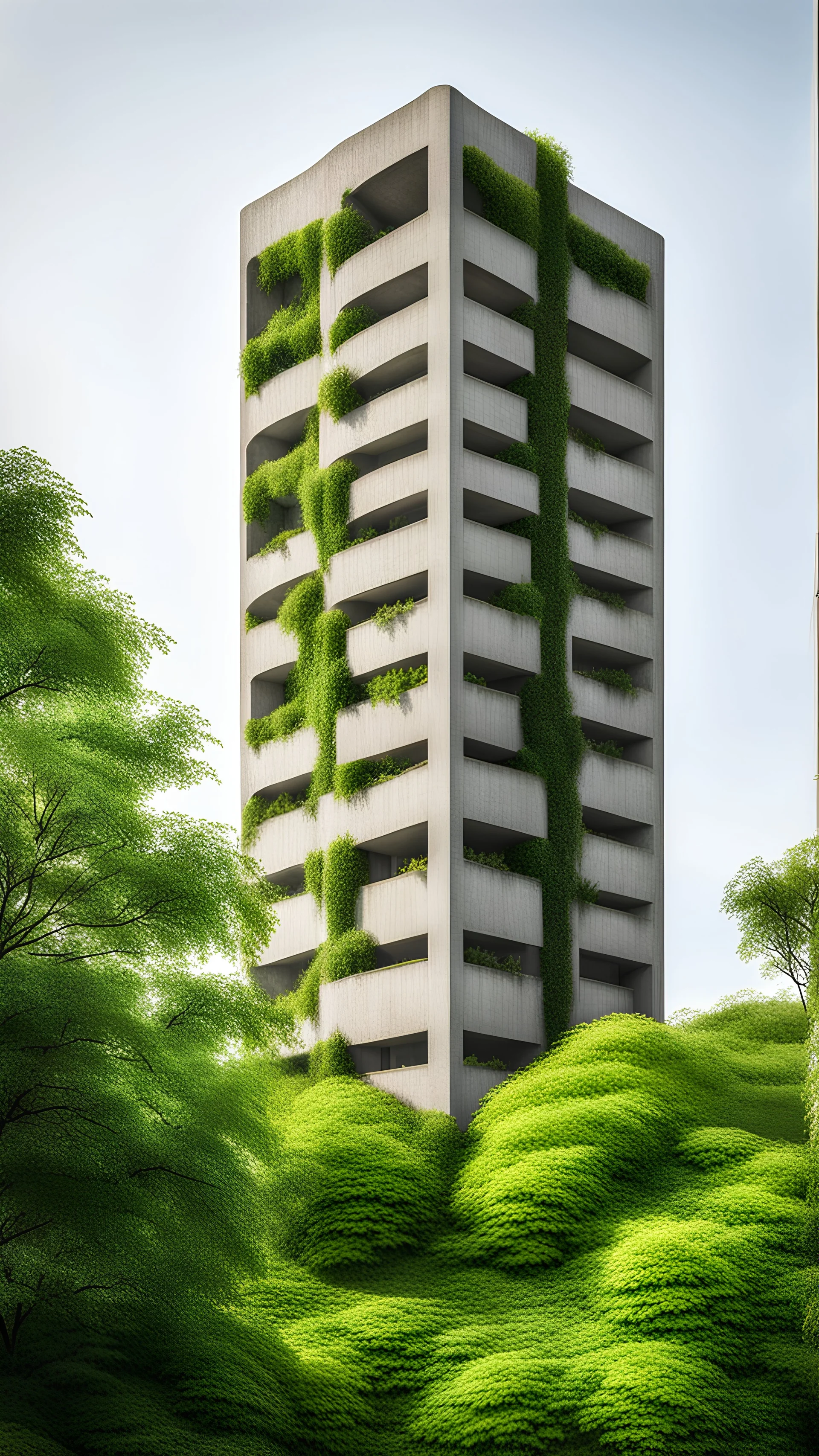 Brutalist totalitarian tower with greenery concrete