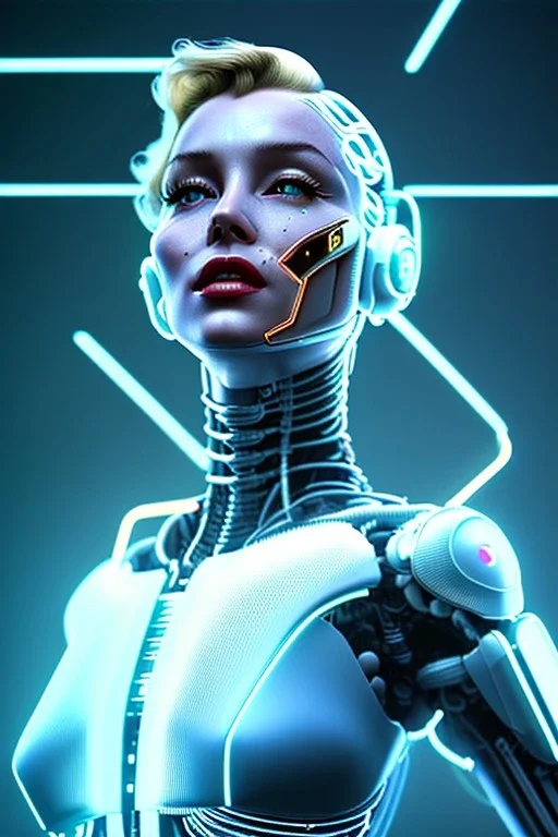 Ultra Realistic image, portrait, blonde woman, Marylin Monroe face, perfect iris, glow eyes, glow makeup. Cyborg, Cyberpunk, ghost in the shell style, oversized tight latex dress. fog, rain, soft color, highly detailed, unreal engine 5, ray tracing, RTX, lumen lighting, ultra detail, volumetric lighting, 3d, finely drawn, high definition, high resolution.