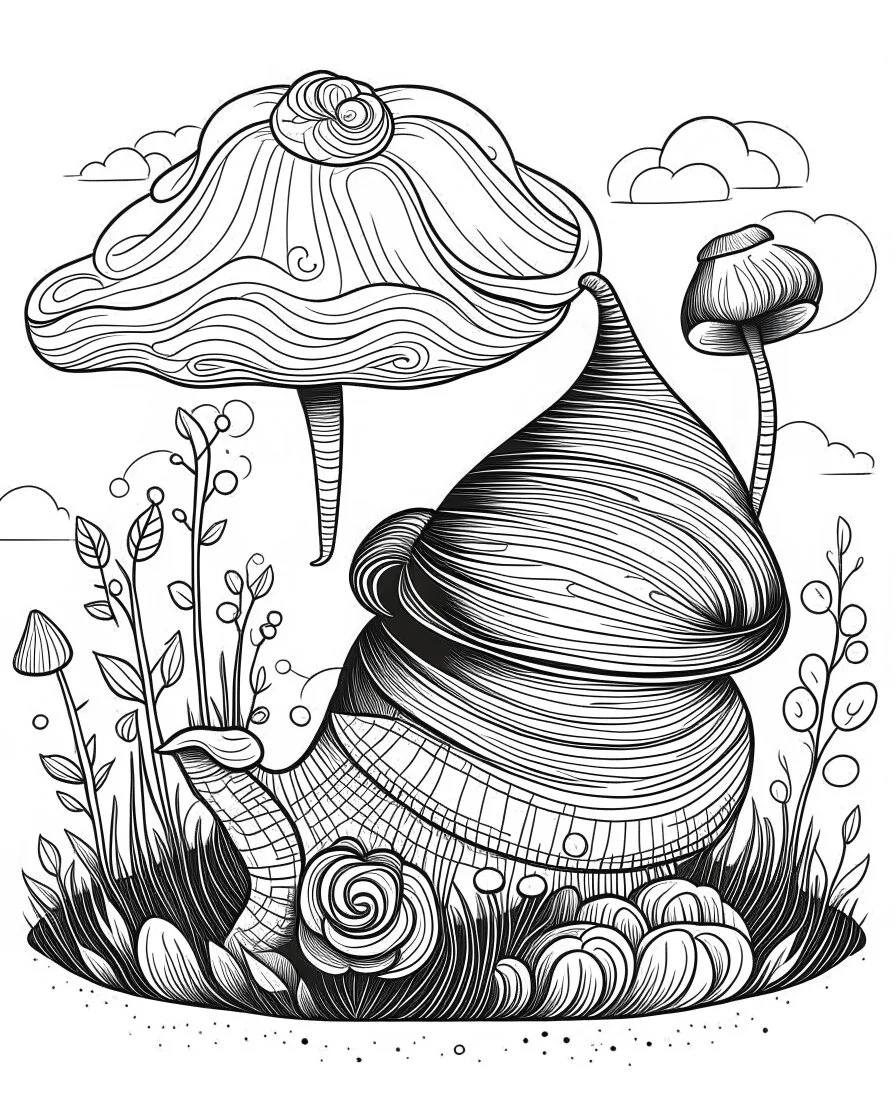 mushroom world with snail minimalistic landscape. line art, background, vector, svg, coloring book page style, black outline on white background