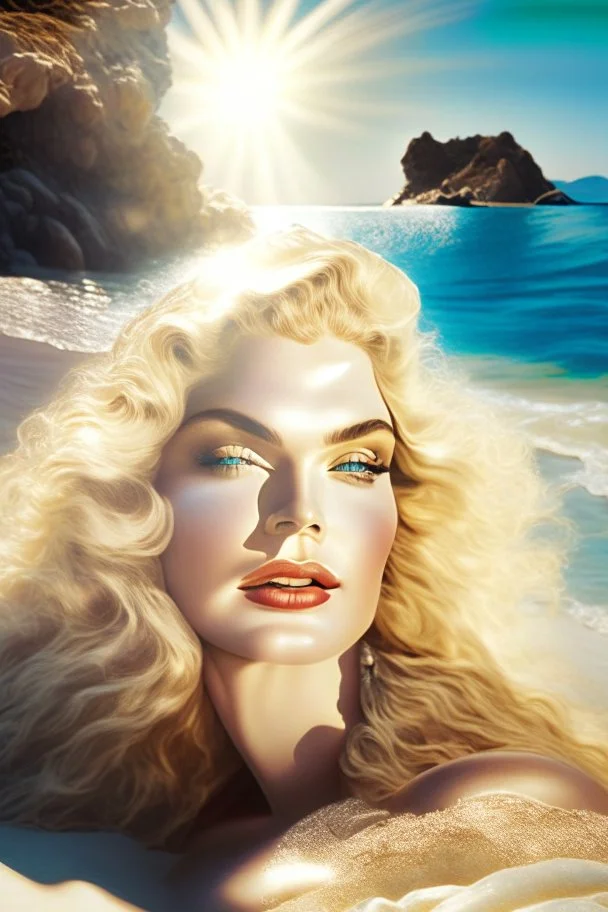 A hyper-realistic,detailed A Madonna-inspired beach scene, with a sun-kissed shoreline and a crystal-clear sea. Photo Real, HOF, full size, practicality,manufacturability,performance, (((realism, realistic, realphoto, photography, portrait, , realistic, beautiful, elegant, charming, apocalyptic environment, professional photographer, captured with professional DSLR camera,trending on Artstation, 64k, ultra detailed, ultra accurate detailed, bokeh lighting, surrealism, Thomas Kinkade background,