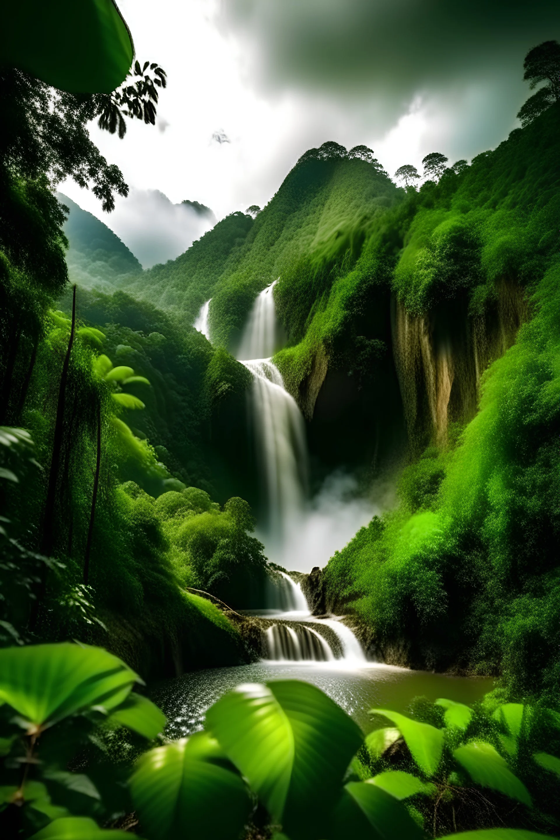 Mountains in the jungle, a huge waterfall flows down from the mountain