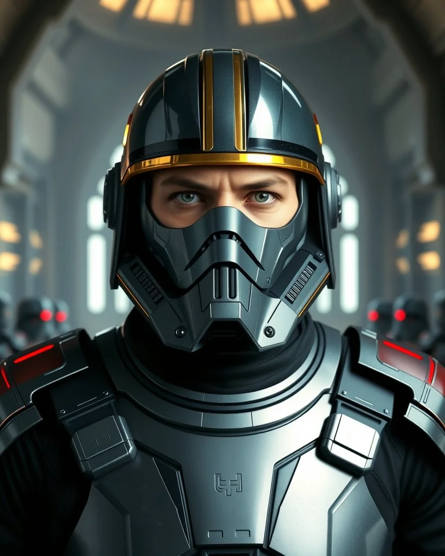 star wars bald male corellian pilot wearing pearlescent black and gunmetal grey First Order special forces heavy assault armor and full face helmet with gold and metallic red visor and trim inside the jedi temple, centered portrait, hyperdetailed, dynamic lighting, hyperdetailed background, 8k resolution, volumetric lighting, light skin, fully symmetric details