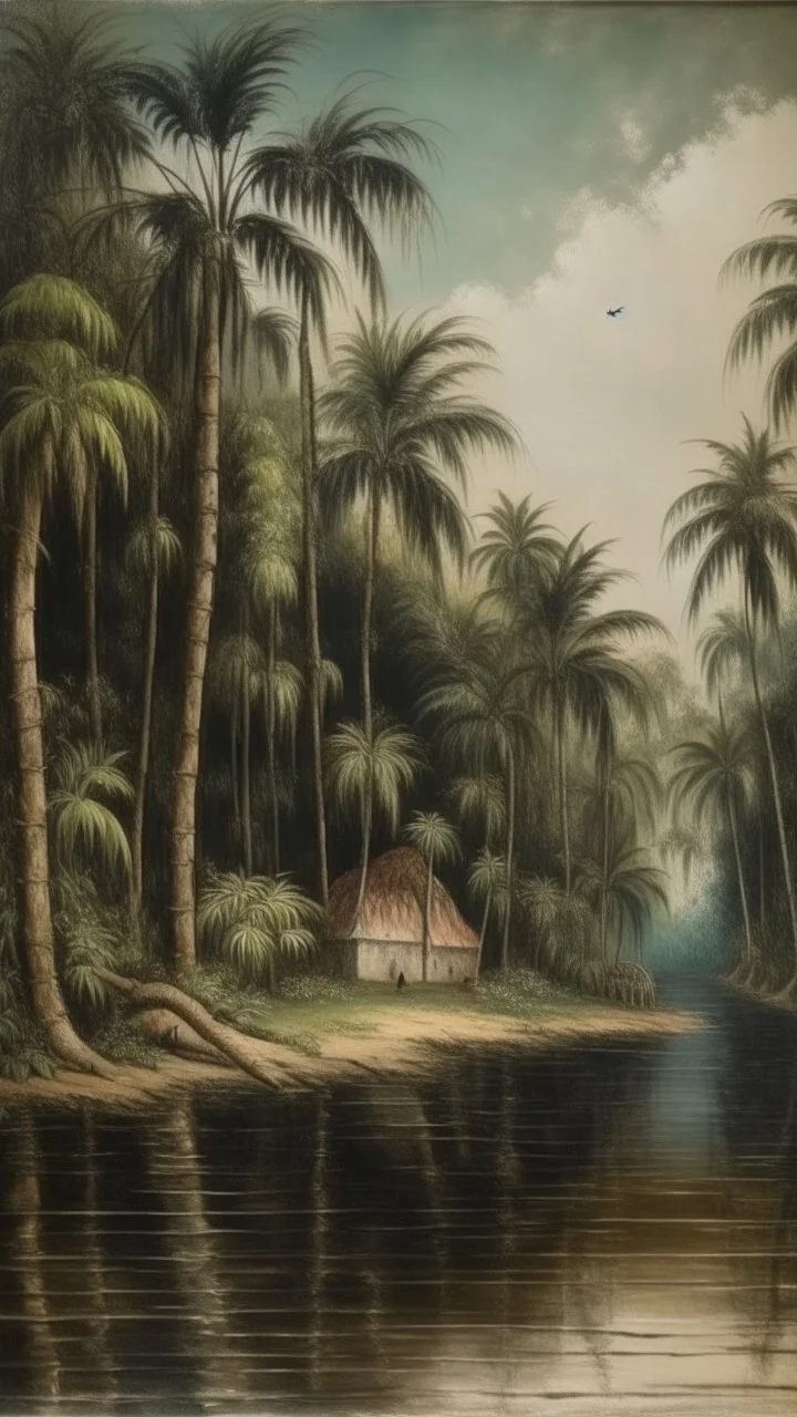 image related to house in the wood by a river bank. Palm Tree on the river bank, Bruegel painting style