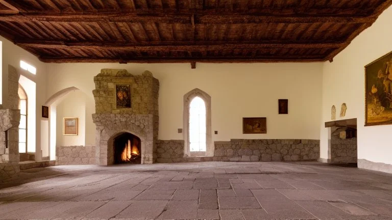 large fireplace in a great hall of a stone castle