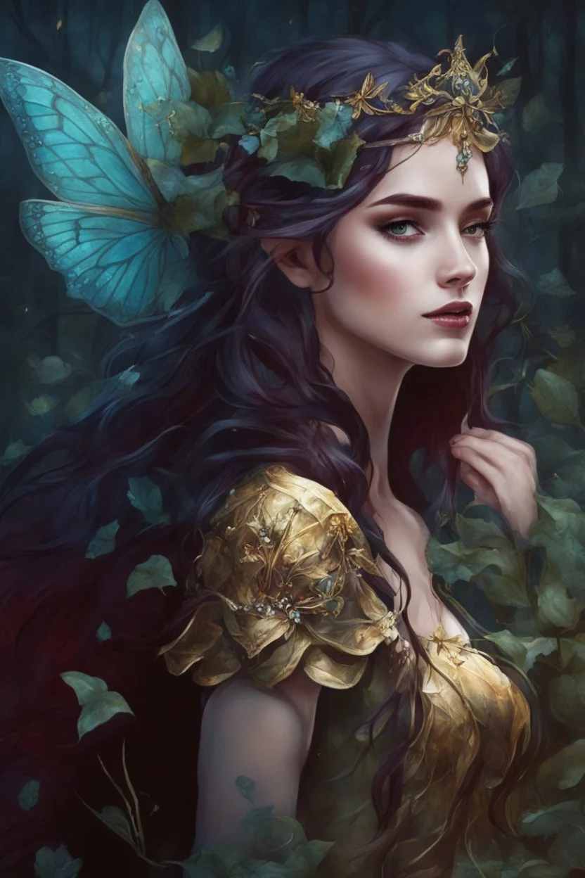 Burgundy hair, dark hair,dark red , rapunzel hair,very long hair,dark fairy princess,elven crown,night,dragonflies,beautiful,ong ashes,golden armor ,sparkle,night blooming,ivy,dark green,lilly of valley,golden elven crown